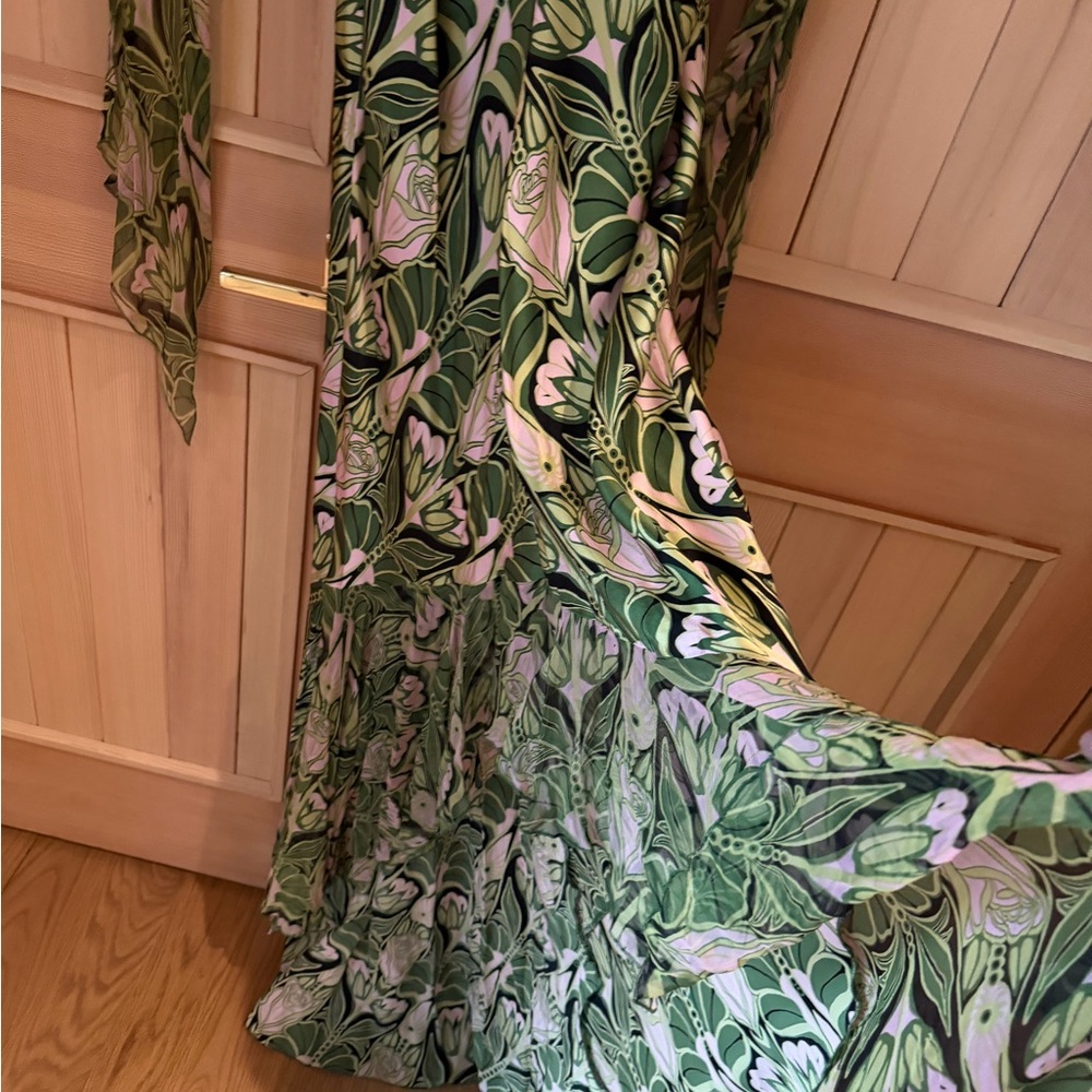 Green Floral Maxi Dress with Pink Accents - Women